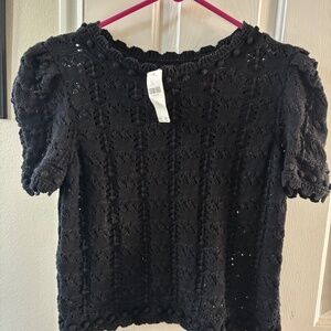 NWT Anthropologie Black Crochet High Sleeve Sweater Tee M